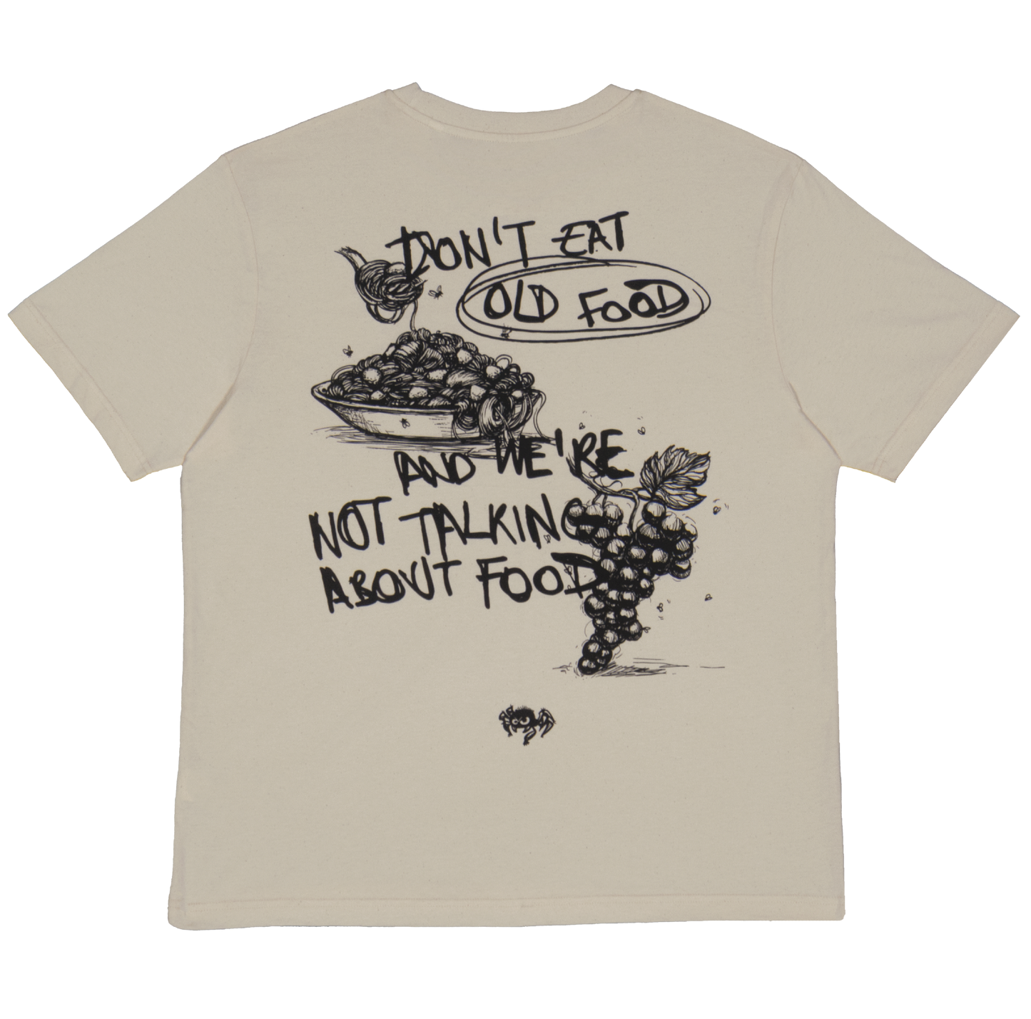 BEIGE T-SHIRT: FOOD AND PHRASE DESIGN IN PREMIUM ORGANIC COTTON