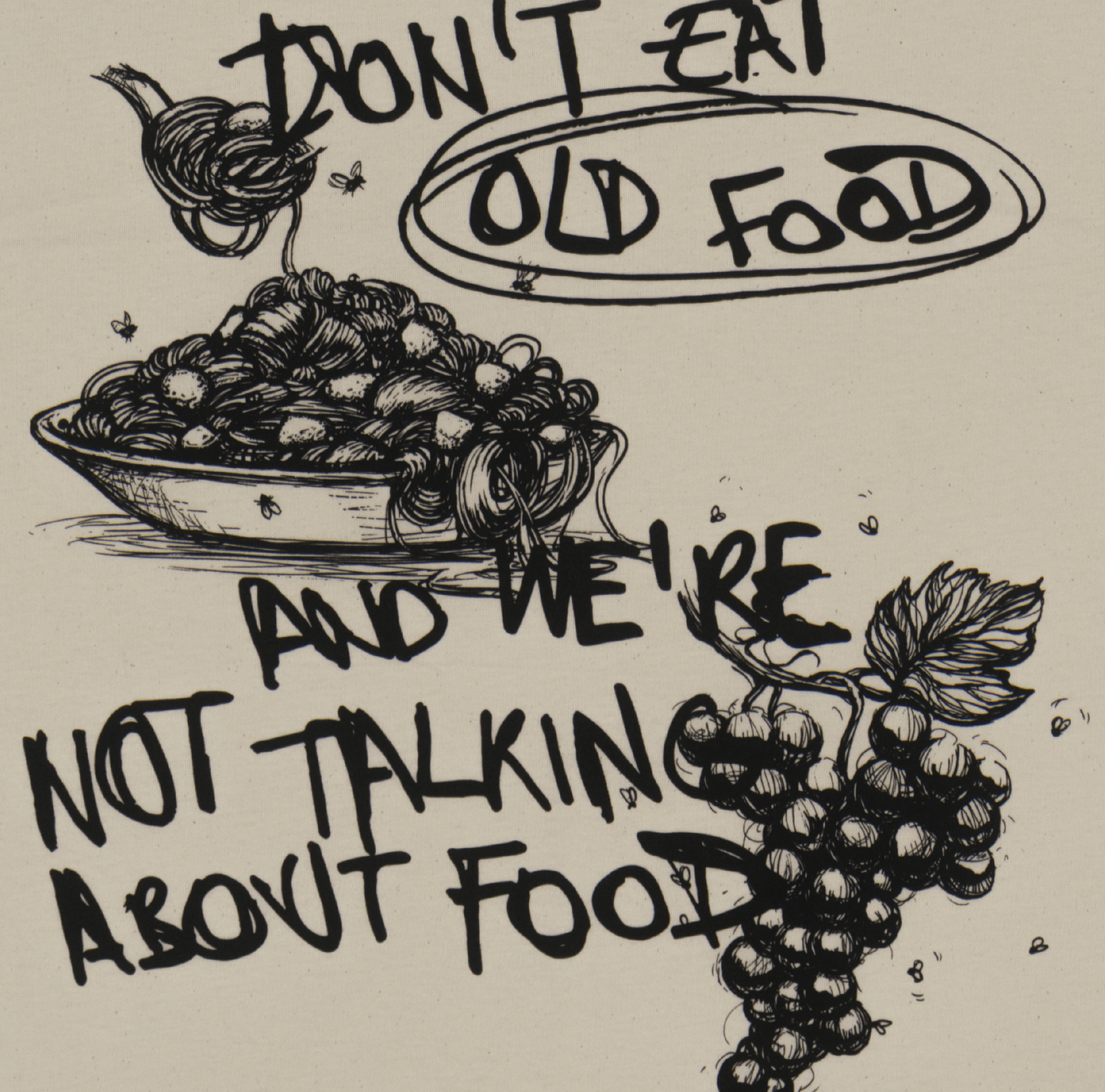 BEIGE T-SHIRT: FOOD AND PHRASE DESIGN IN PREMIUM ORGANIC COTTON