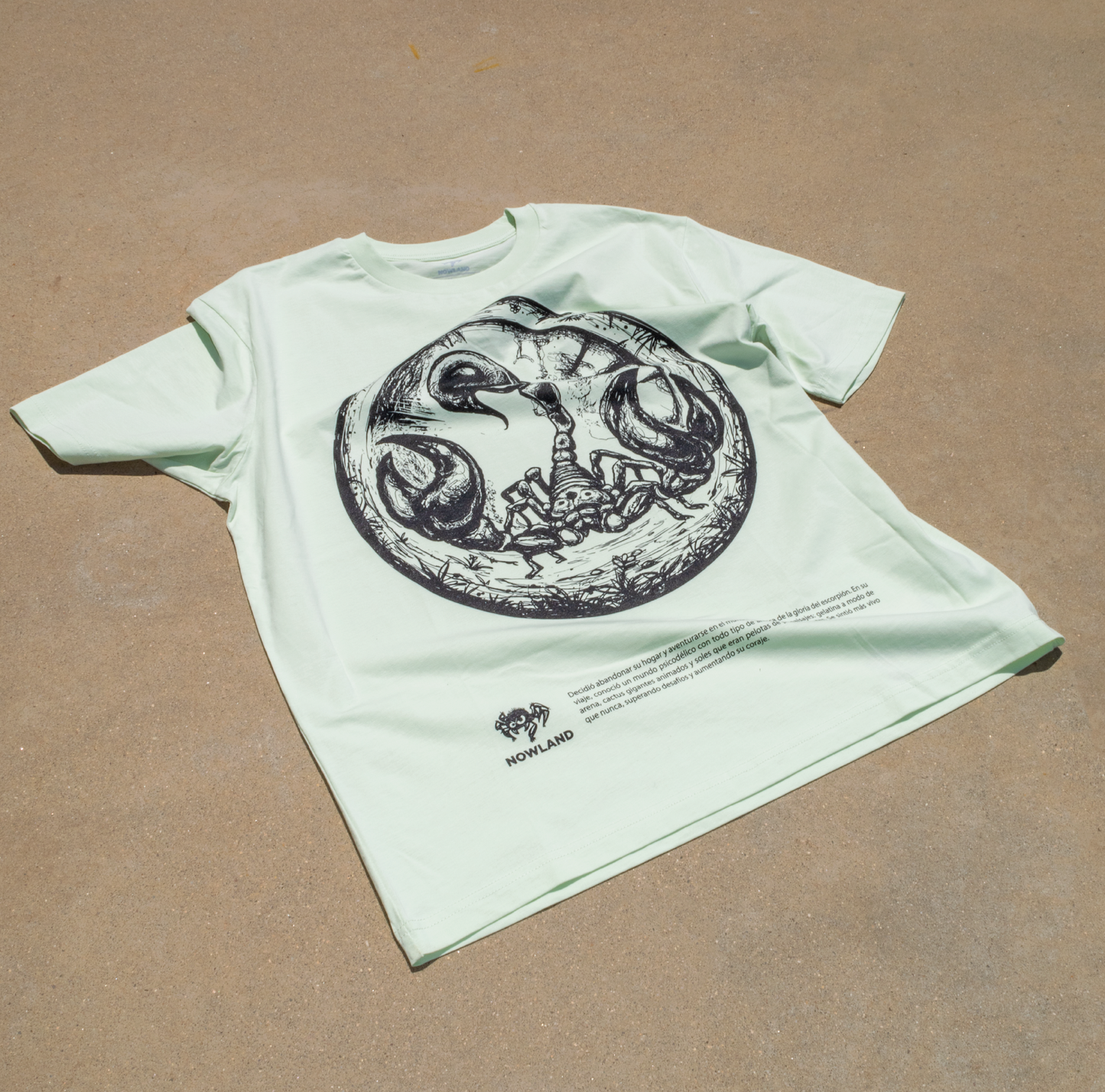 LIGHT GREEN T-SHIRT WITH GRAPHICS: A SCORPION EXPLORER DESIGN IN PREMIUM ORGANIC COTTON