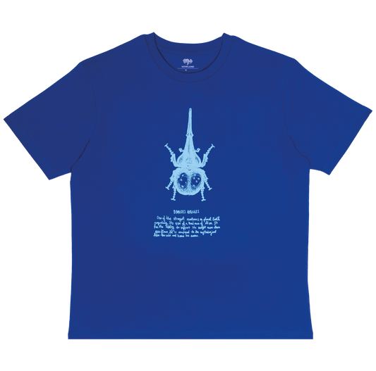 BLUE T-SHIRT: HERCULES BEETLE DESIGN IN PREMIUM ORGANIC COTTON