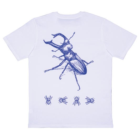 WHITE T-SHIRT: BEETLE PERSPECTIVES DESIGN IN PREMIUM ORGANIC COTTON